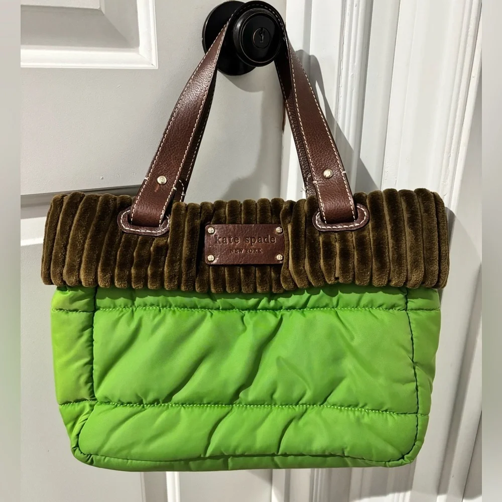 Vintage Kate Spade NY Green Quilted Nylon Bag Brown Corduroy Trim Y2K Purse